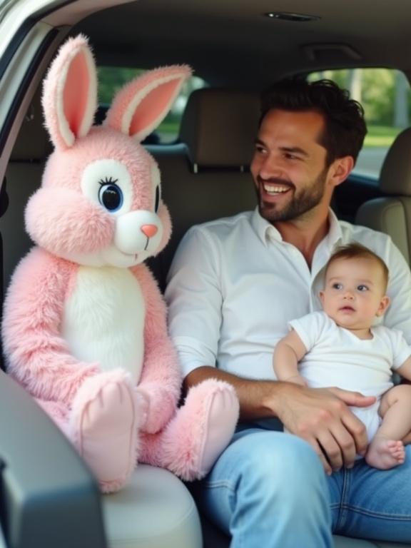 A man in a white shirt and blue jeans sits in a car. He smiles while talking. Next to him is a human-sized pink rabbit that also smiles. A baby in a white romper sits on the other side, also smiling. The scene is cheerful and friendly with soft natural lighting. They interact warmly, creating a heartwarming atmosphere.