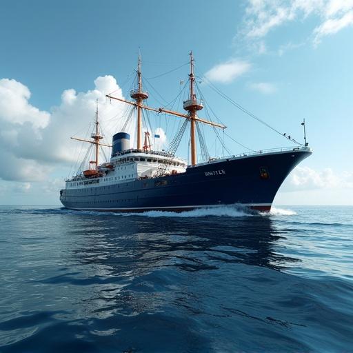 Ship sailing smoothly on blue ocean water under a clear sky. It has multiple masts and a prominent bow.