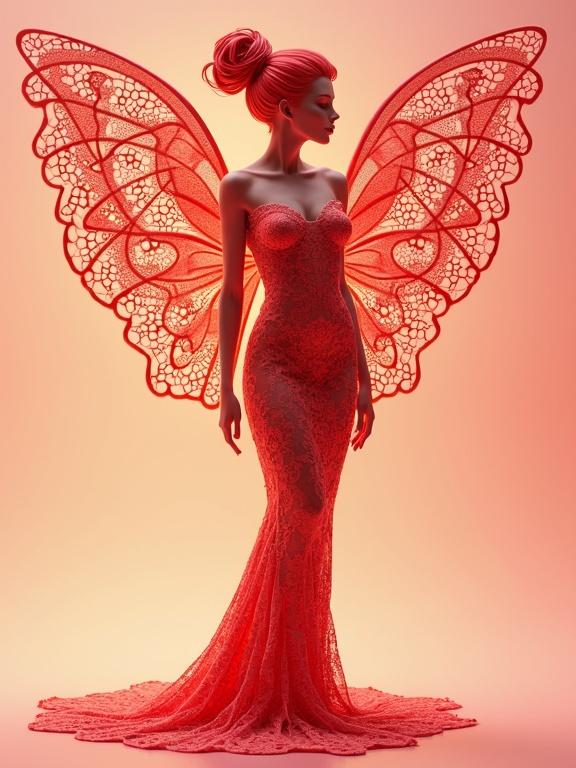 A 3D rendered figure with butterfly wings styled in red and peach. The lady has a graceful silhouette emphasizing elegance. The artwork is intricate with a zentangle effect and presented in high detail.