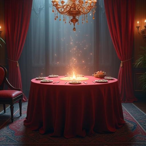 Magic table set in an elegant dining room. Red tablecloth covers the table. Chandelier hangs above casting warm light. Magical sparkles appear above the table. Surrounding elegant decor enhances the atmosphere.