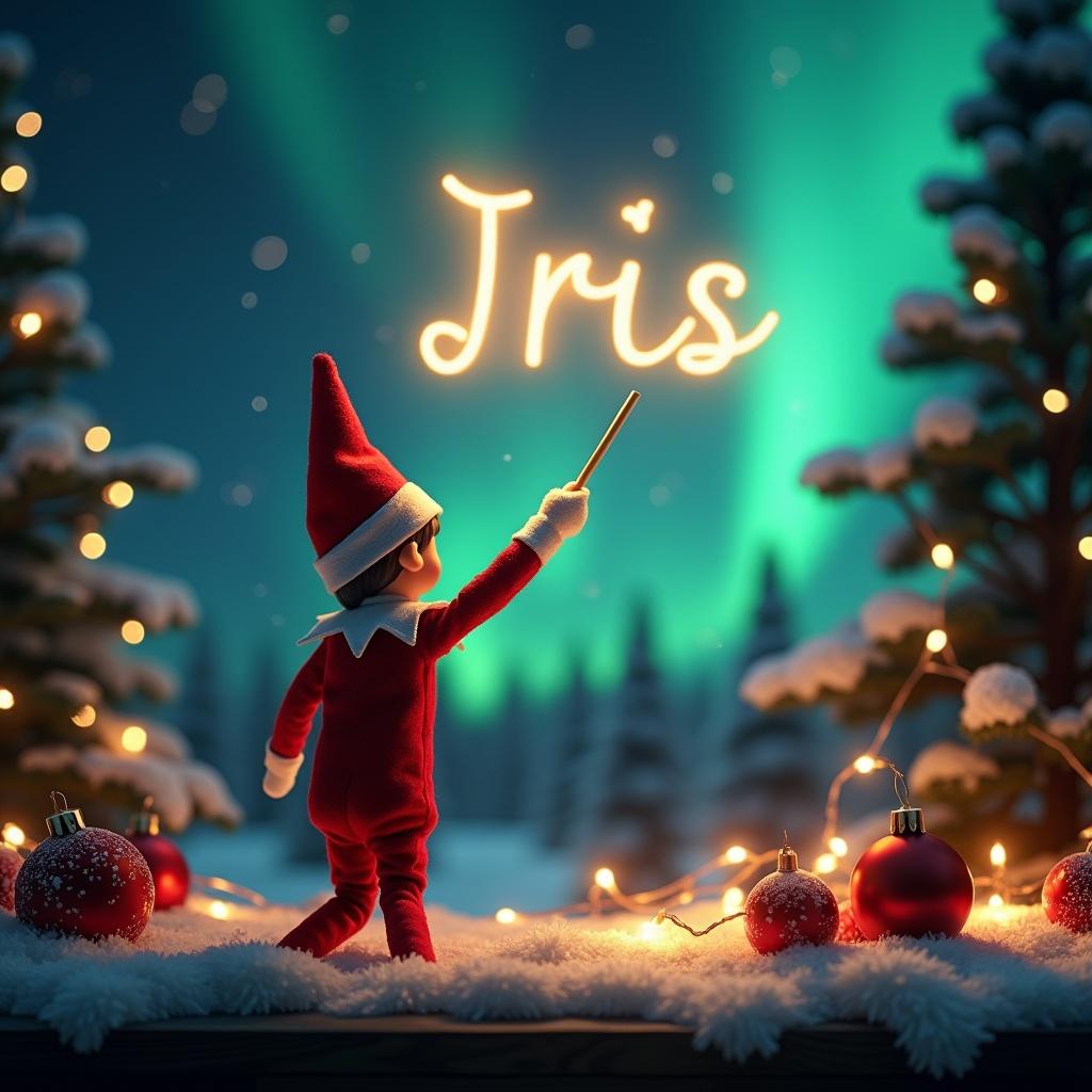 An enchanting Christmas scene featuring an elf on the shelf. The elf, dressed in red and white, wields a magic wand while writing 'Iris' in glowing letters above him. The background is filled with vibrant northern lights that add a magical atmosphere. Surrounded by festive decorations such as snow and ornaments, the scene captures the joy and spirit of Christmas. The elf's actions evoke a sense of wonder and excitement, making it a whimsical twist on traditional holiday imagery.