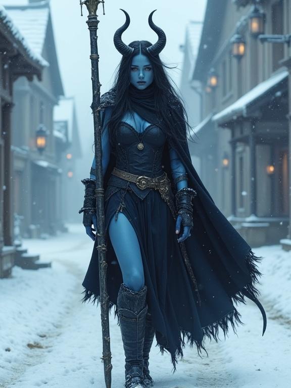 Fantasy-themed image featuring a beautiful young devil woman with blue skin. She has curled horns and long black hair. She's clad in a sleeveless dress and heavy black cape. Carrying a lance, she walks through a snowy medieval town. The aesthetic is rich in detail and depth of field.