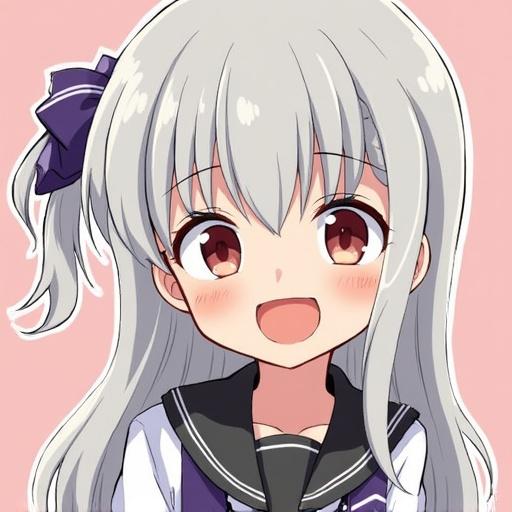 A cute character representing a dental hygienist with long gray hair and a smile. The character is designed in anime style, wearing a professional outfit with a bow in the hair. The background is a soft pink color.