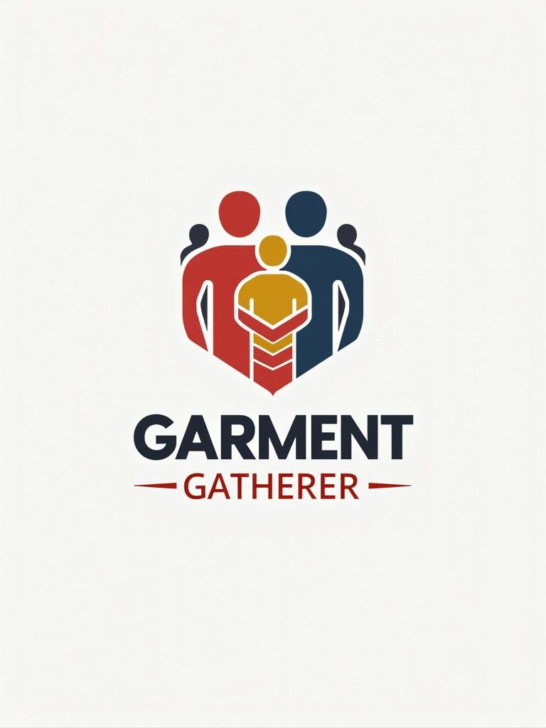 Logo for a clothing store ecommerce website. Title garment gatherer in different color combinations. Features stylized figures in red blue and yellow. Modern and professional design.