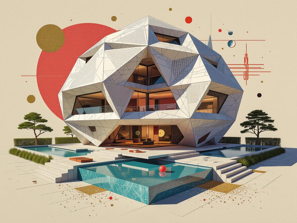 3D futuristic villa with dodecahedron base intricate details geometric patterns Feng Zhu style nod to futuristic architecture Hajime Sorayama precision Patrick Nagel. Mixed media: newspaper jute wood sand glitter origami. Combination different structures thick textured impasto. Luminous colors depth surface. Stunning composition high resolution.
