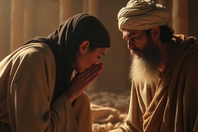 A woman realizes the man's identity as Hazrat Umar. She falls to the ground in tears. Her face shows regret and awe. Hazrat Umar gently lowers his head in humility. There is strong emotional tension. The scene is dramatic and reflects Islamic themes. It's a 3D cinematic render.