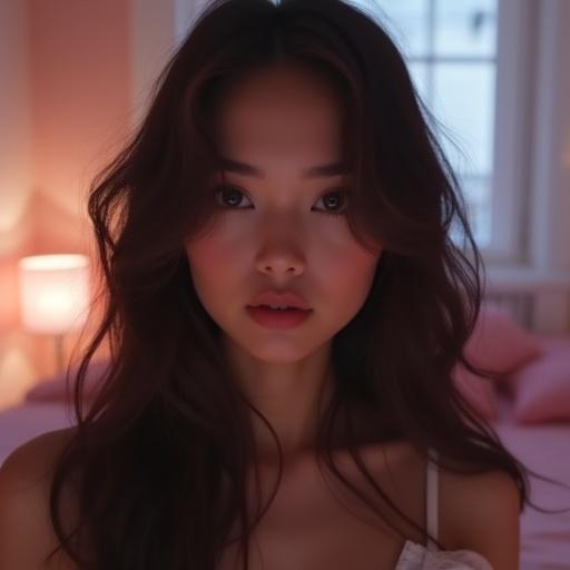 Realistic selfie of an cute egirl with a round face. Petite brunette with long wavy hair. Background features a slightly dark pink and white bedroom. The image is a slightly blurry selfie.