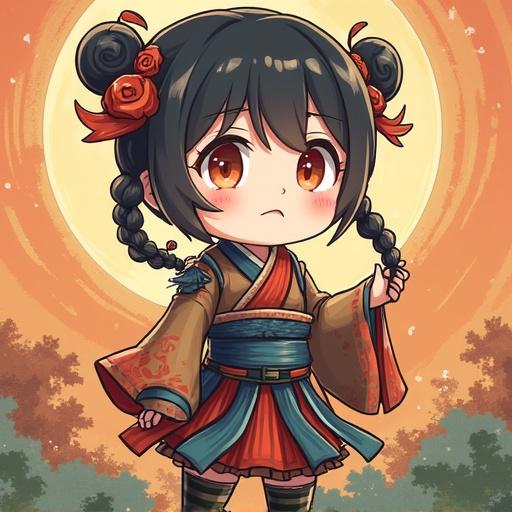 A cute anime character stands in front of a glowing backdrop. The character wears traditional clothing with intricate details. There are decorative flowers in the hair. The expression is thoughtful but confident.