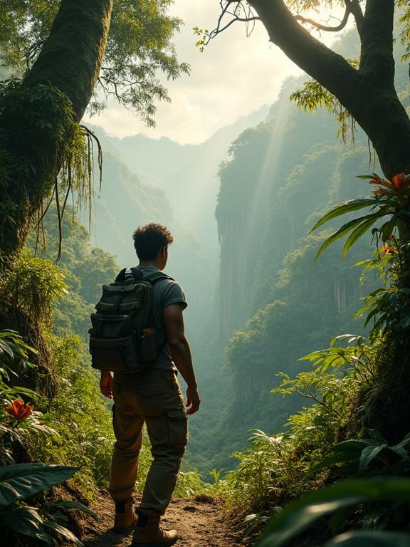 A seasoned traveler with a rugged backpack stands in a dense jungle. Sunlight breaks through the canopy creating rays of light. The traveler looks over a misty valley with ancient ruins in sight. Lush green foliage surrounds. Emphasis on determination and connection with nature.
