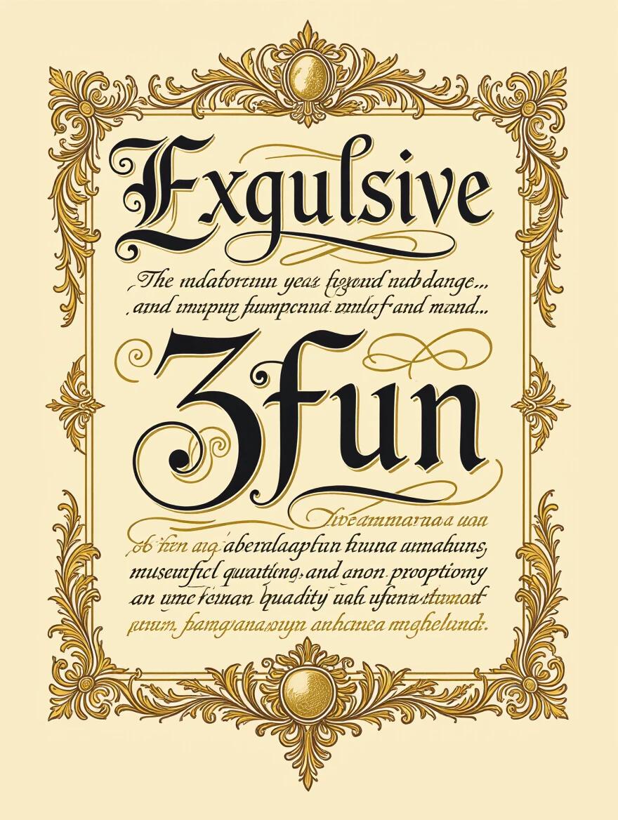 Exquisite hand-lettered typography with elegant serif letterforms and decorative flourishes. Masterful calligraphy using traditional quill pen and India ink. Perfect letter spacing and proportions with classical Roman capital letters. Museum-quality penmanship with gold leaf accents on a parchment texture background. Renaissance manuscript style featuring '3FUN' rendered artistically. This is a fine art calligraphy masterpiece.