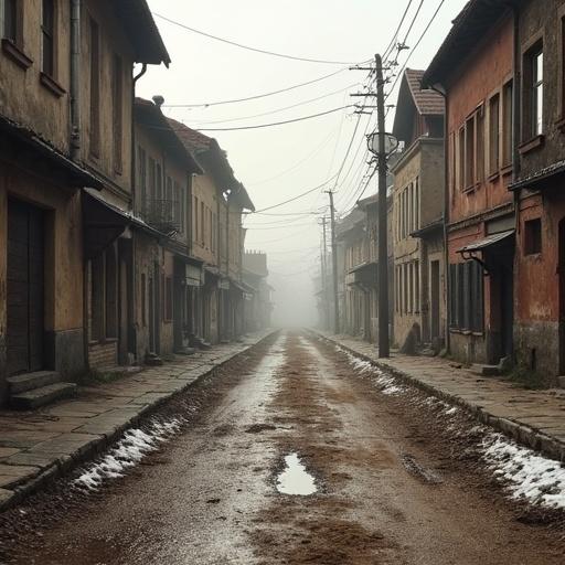 Photograph showing empty street in 19th century Eastern Europe. Features a dirt road with puddles. Fog adds a moody atmosphere. The architecture is simple and weathered.