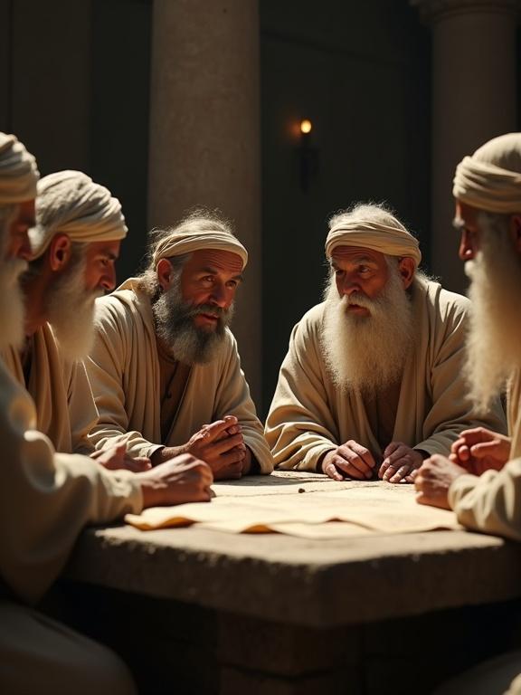 A hyper-realistic cinematic scene. A group of elderly first-century Middle Eastern scholars with long beards and linen robes are seated around a stone table. Their expressions are intense as they are engaged in a heated debate, gesturing over ancient scrolls. The style is cinematic, 35mm film, realistic, chiaroscuro lighting, highly detailed.