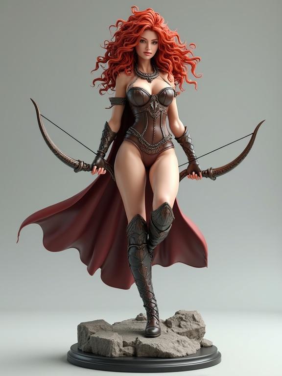 Highly detailed 3D render of a stylized female warrior. Warrior has wild curly red hair. She stands confidently in powerful pose. Holding a bow with one foot raised on a rock base. Outfits tight and heroic. Detailed muscular legs and corset with engraved patterns. Wear long boots and a flowing short cape. Statue designed in ultra-detailed resin style.