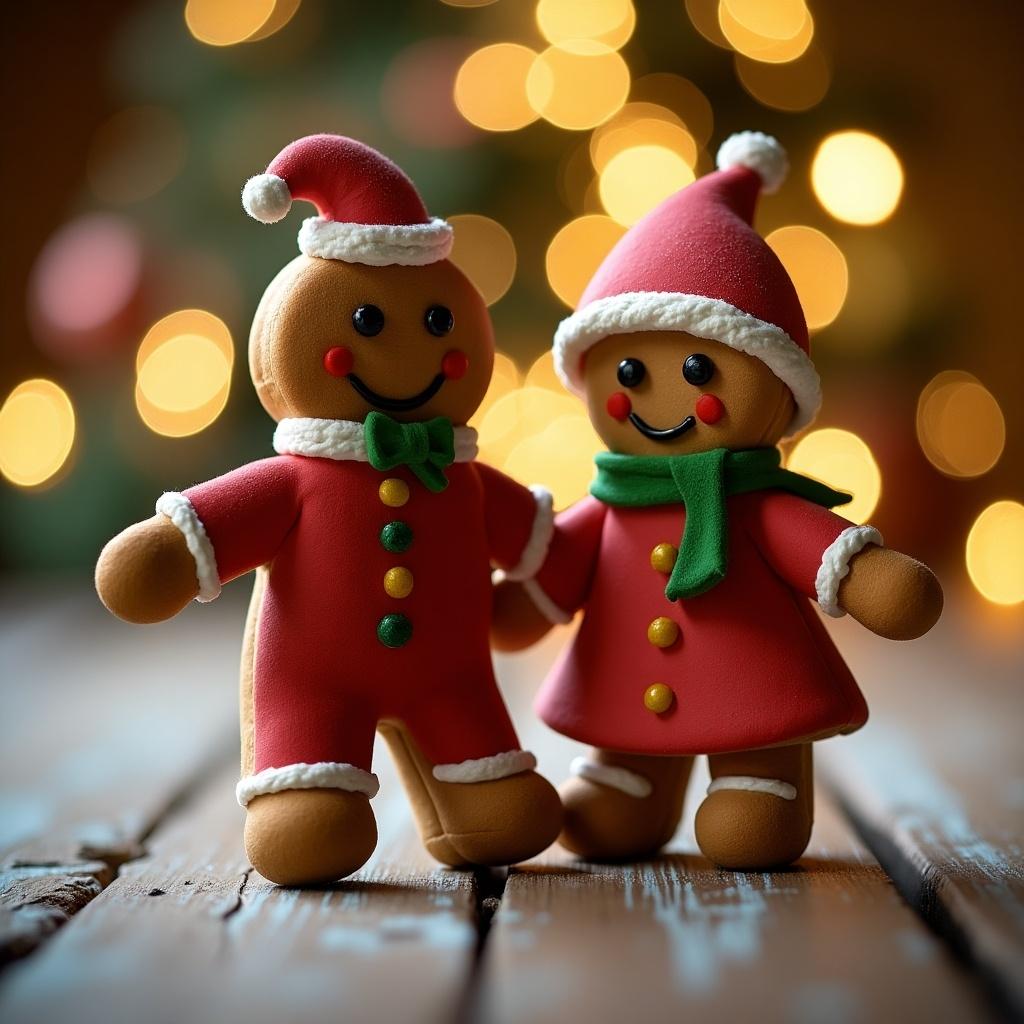 Scared gingerbread couple made of cookies. Two figures in festive attire. Soft warm lighting and bokeh effects create a cozy holiday atmosphere.