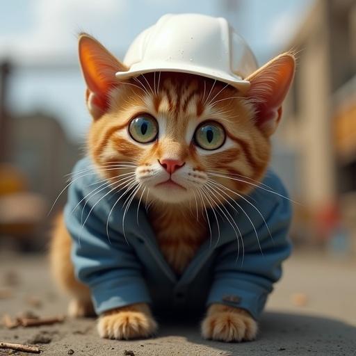 Semi-realistic cat wearing white hard hat and blue jacket. Sweat on forehead. Head slightly tilted. One ear drooping. Construction background. Scared expression. Trembling body. Eyes wide and pupils dilated. Crouched posture. Flattened ears. Fur standing on end.