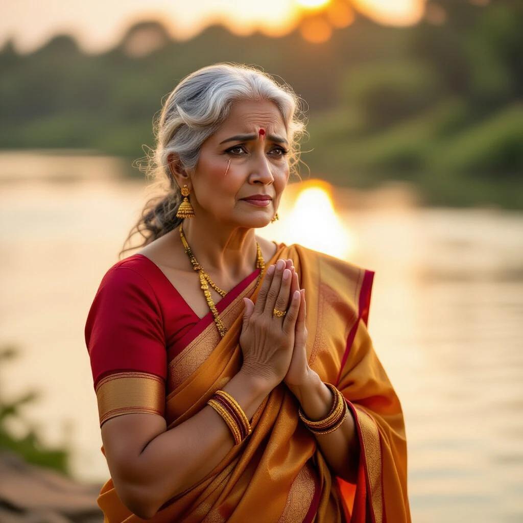 Middle-aged woman with white hair standing gracefully by a riverbank wearing a traditional saree at sunset. The scene conveys deep emotions of sorrow with glistening eyes and a trembling lip suggesting an emotional truth. Warm sunlight softly illuminates her face showcasing the emotional pain she carries. The background reveals a serene sunset enhancing the atmosphere of the moment.