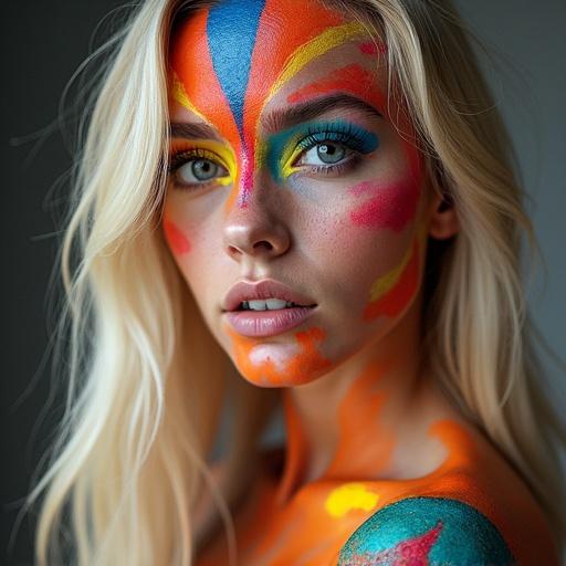 Woman adorned in bold colorful paint on face and body with blonde hair flowing down. Artwork is visually captivating with high detail.