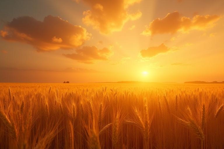 Golden wheat field illuminated by sunset. Orange sky filled with fluffy clouds. Field stretches into the horizon creating a picturesque landscape.