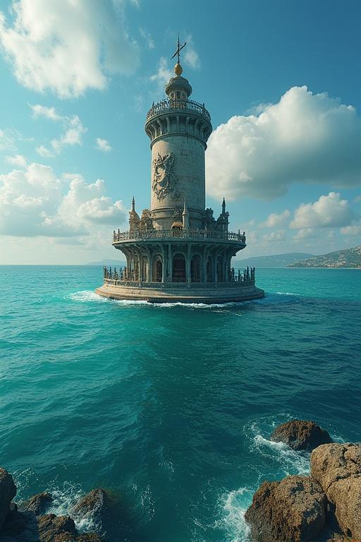 A lighthouse stands tall on a rocky island surrounded by turquoise waters and a bright sky. Clouds float by above. The lighthouse features intricate architecture and a golden dome.