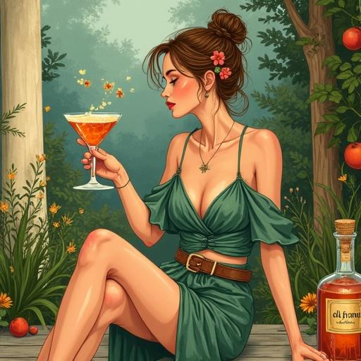 Illustration of a Germanic goddess in a garden. She offers a toast with a cocktail glass. The colors are earthy with a dreamy feel. The scene is vibrant with bold lines and a whimsical style. A bottle labeled 'ALFRUNO' glows in the background. The goddess wears a green boho blouse and a wrap skirt. Her hair is in a bun with a flower. The setting is relaxed and enchanting.