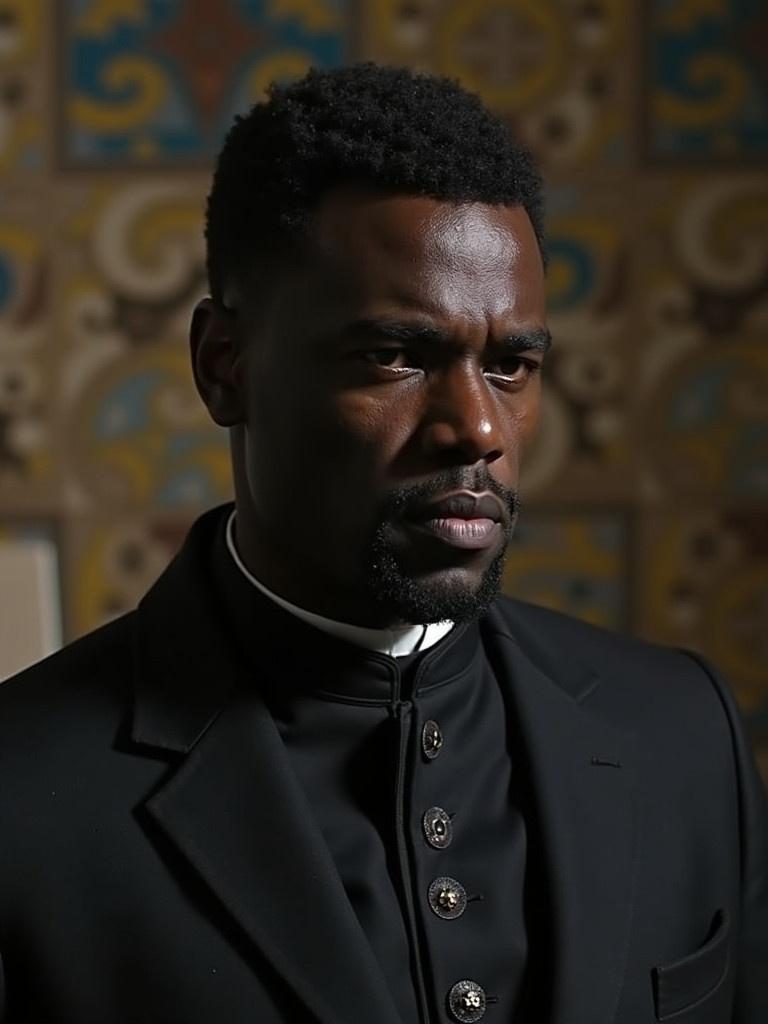 A figure in formal black attire stands against an ornate background. The expression conveys a sense of despondency. The mood reflects themes of struggle and identity from Shakespeare's Othello.