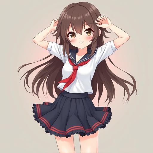 Anime-style girl wearing a mini skirt and school uniform. She has long brown hair, cheerful expression, and is posing with hands near her head.