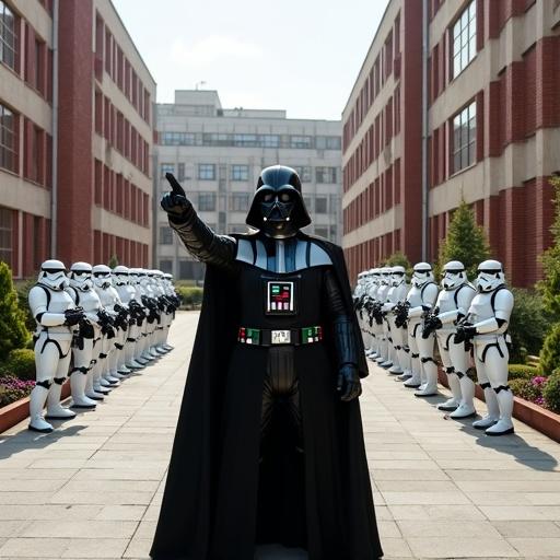 Darth Vader stands in a courtyard with modern Soviet apartment buildings. His arm is raised in a commanding gesture. Stormtroopers are lined up behind him in a semicircle. The courtyard features manicured greenery and Russian flora.