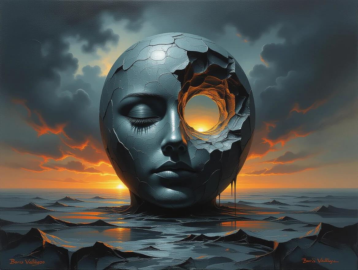 A sculptural oil painting in a dark fantasy landscape. Large spherical sculpture in the scene. Thick rough oil paint application. Intuitive aggressive Neotribal style with metal texture. Holographic effects are visible. Background features ominous clouds and a glowing sunset.