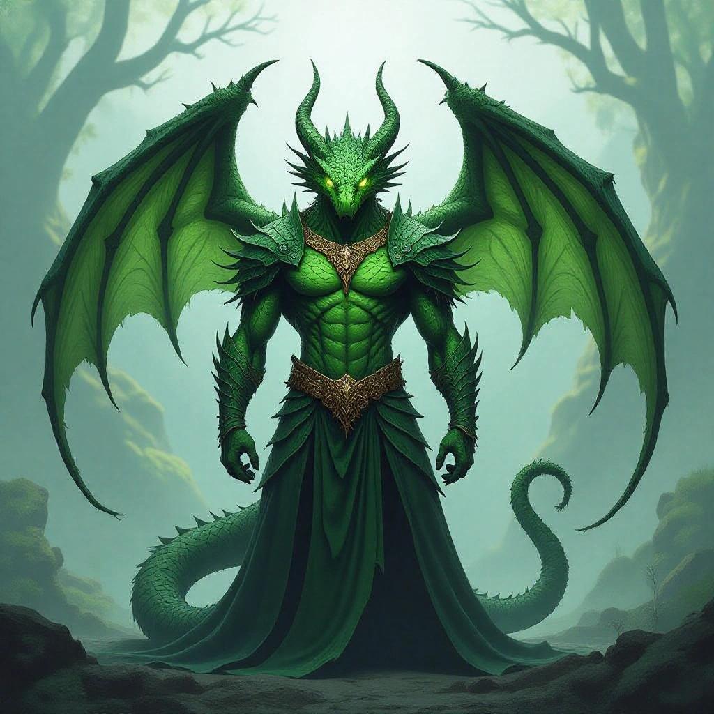 Scaled man named Malefic Viper with dragon wings. Green in color with intimidating aura. God of poison and alchemy. Muscular build with scales. Detailed fantasy illustration.