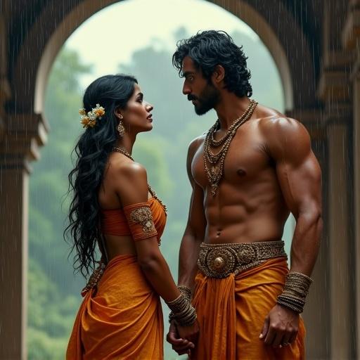 Ancient royal couple stands under stone archway. Indian woman in mustard-orange blouse and draped saree. Man in silk dhoti. Rain enhances their elegance and passion. Gold jewelry adorns woman. Jasmine flower in hair. Intense gaze between couple.