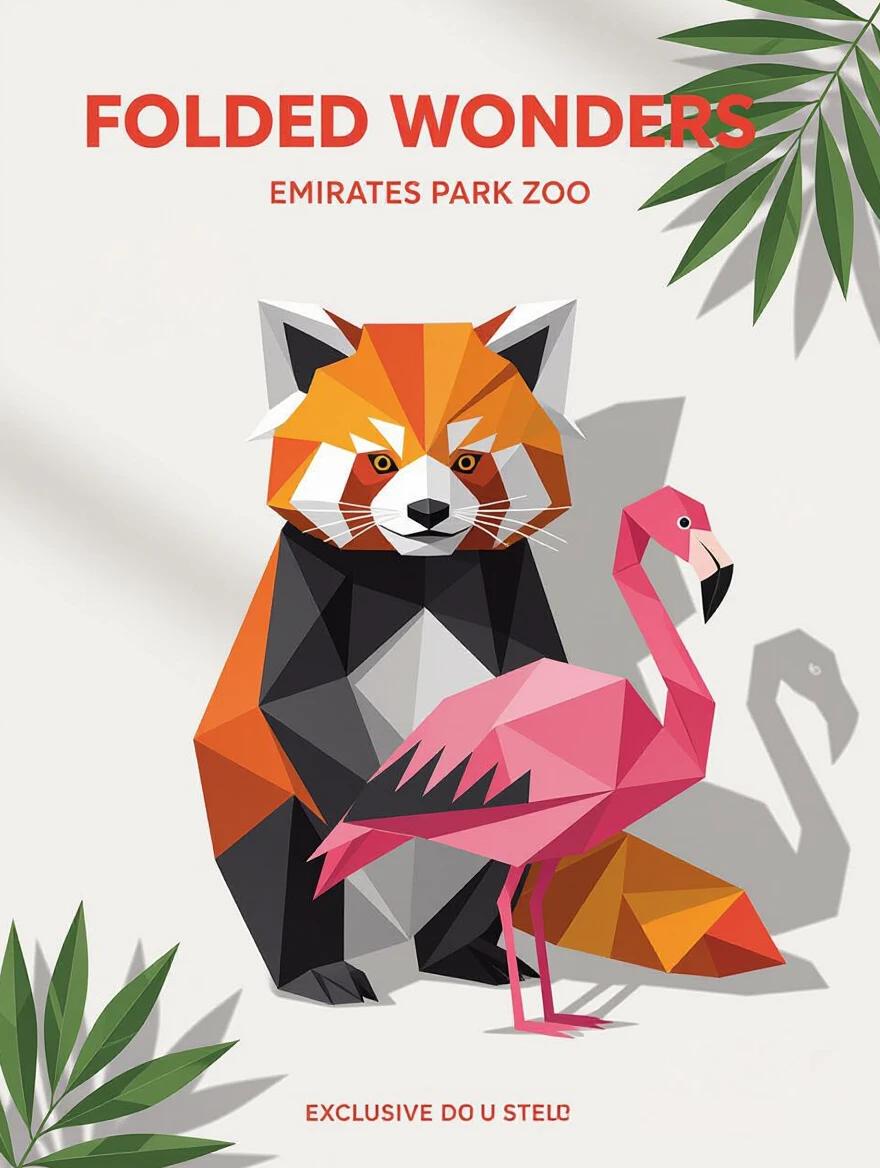 Poster featuring animals from Emirates Park Zoo. Origami art style showcases a red panda and a flamingo. Bright colors with precise angular designs. Lighting enhances shadow for a three-dimensional effect. Clean composition with emphasis on artistic techniques. Text overlay reads 'Folded Wonders'.