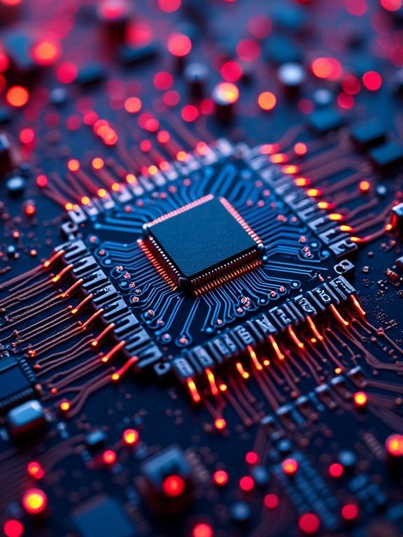 A close-up image showing a microcontroller on a circuit board. The circuit board features bright LEDs in red and orange colors. The design includes intricate wiring and components on a dark background.