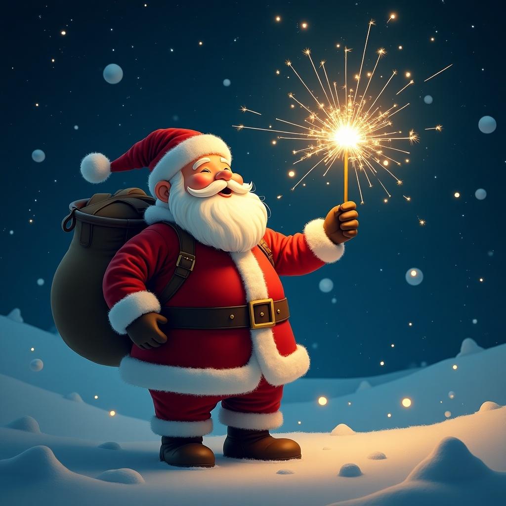 Santa in outer space holding a sparkler in the snow. Santa is wearing a traditional red suit. Snowflakes are falling. Night sky is filled with stars. Santa is writing Wesley in the sky.