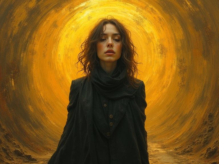 Portrait of a figure in a swirling landscape with a textured style. Expression shows disappointment and astonishment. Warm amber and gold hues create an ethereal glow. Abstract background patterns enhance the surreal quality. 300 dpi. Stunning detail. Influenced by Klimt.