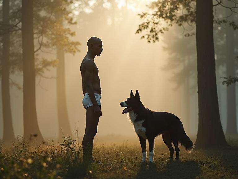 Misty forest with a clearing at sunrise. A young male person aged around 18 to 20 has a bald head. He wears tight, white briefs and is barefoot. A calm black border collie with a white bib stands beside him. Soft mist surrounds them with sunlight rays breaking through the trees. The scene feels peaceful and mysterious.