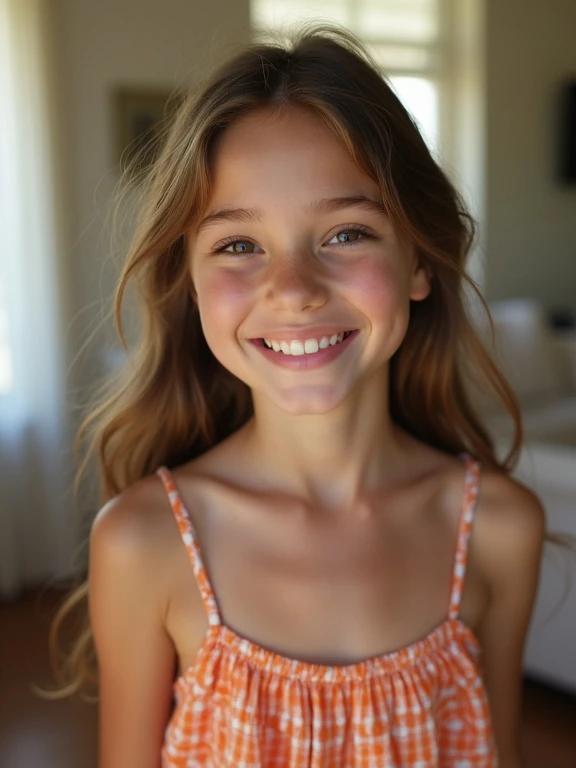 Full frame photo of a teenage girl in a living room. She is wearing a mini sundress. The lighting is soft and natural. The image is pixelated and low resolution with bright colors.