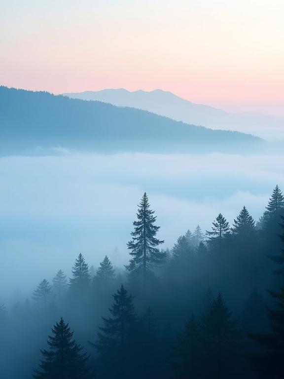 Photograph captures a misty mountain landscape with a single tall tree surrounded by a sea of clouds. Dense forest of pine trees fills the foreground. Soft pastel colors blend in the sky with blue and pink hues. Scene depicts early morning light creating a serene and peaceful atmosphere. High altitude mist fades at the mountain top, offering an ethereal and dreamy view.