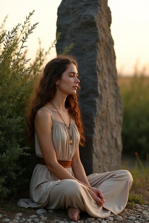 A woman sits cross-legged beside a menhir. The menhir is made of dark granite towering above. The woman is wearing a natural-colored robe and a leather belt. She has long brown curls and a golden medallion. The setting has evening light and dense shrubs.