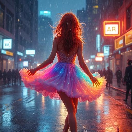 Digital painting in watercolor style depicting a young redhead woman wearing colorful light clothes. She dances and whirls under rain on a night city street. Neon lights cast reflections and lens flares.