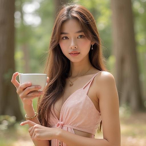 A young woman with long hair dressed in a pink outfit holds a white cup outdoors. The scene is filled with soft natural light and greenery.