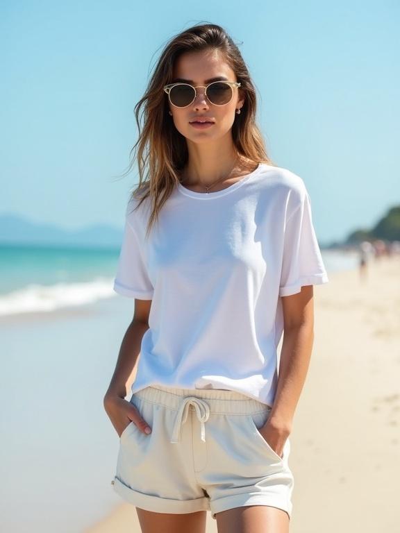Eurasian female model stands on the beach. She wears a white t-shirt and shorts. Model poses front facing the camera. Sunglasses complete the look. Bright sun and beach background enhances the scene.