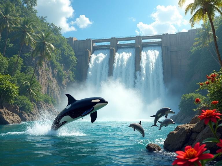 Highly detailed and vibrant scene of an orca leaping out of water followed by five dolphins. Hydro dam in background with water cascading. Lush tropical setting with palm trees and bright flowers. Blue sky with sunlight illuminating the scene, depicting harmony between wildlife and human structure.