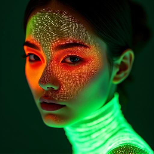 Stunning face with bio luminescent effect in neon green and orange. Focus on fashion and haute couture style. Visual inspiration from TeamLab.