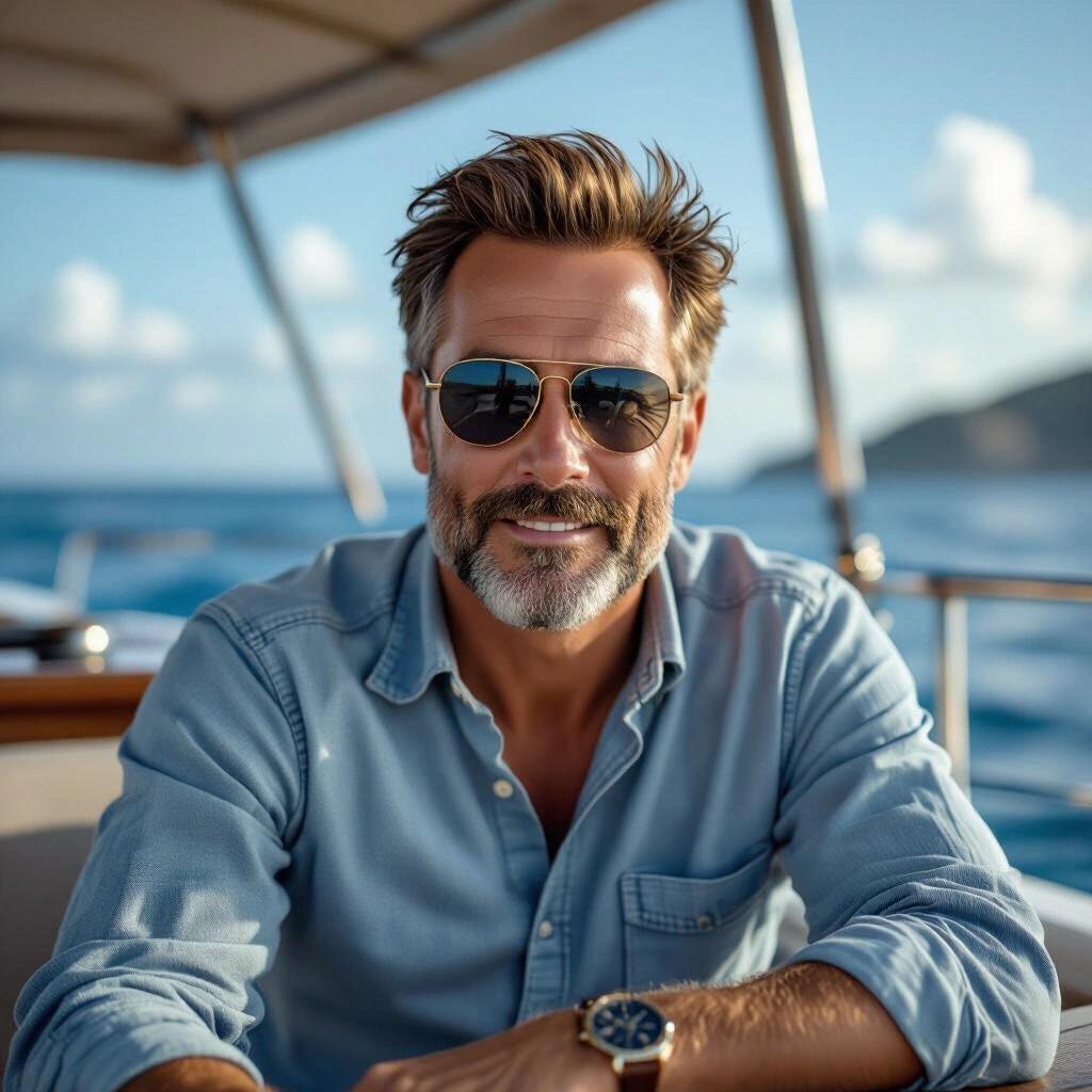 Ultra photorealistic image of a young man dressed casually sitting on a luxury yacht. The background shows a beautiful ocean with fluffy clouds. The focus is on the man's relaxed posture and the tranquil environment.