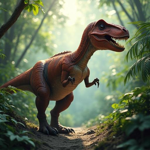 A friendly dinosaur stands in a lush jungle. Sunlight filters through the trees creating a magical atmosphere. The dinosaur has a vibrant red and brown texture and a charming expression.