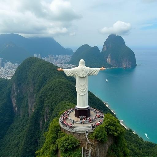 Aerial view from Corcovado terraces towards Christ the Redeemer statue and surrounding scenery. Lush green mountains and blue ocean present. Visitors near the statue create a lively atmosphere.