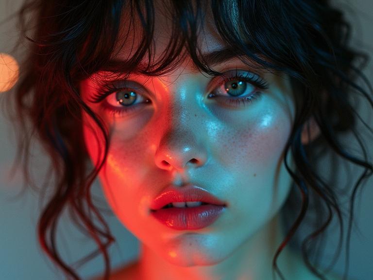 High quality design with aesthetics. Disco theme with melancholic and dramatic tones. Pop album cover art featuring a beautiful young woman. Artist name Musaic and album title Tired Eyes.