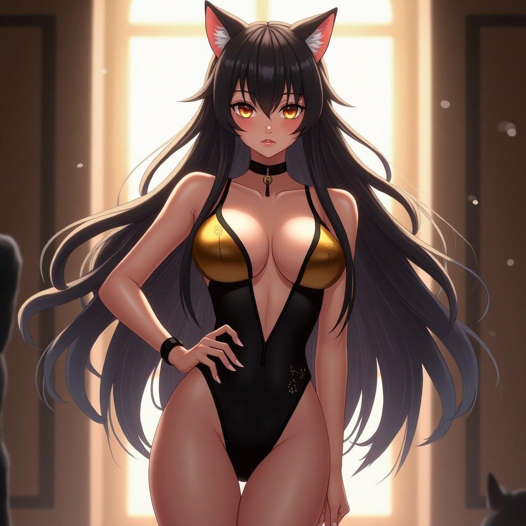 Anime character in sultry outfit with flowing dark hair and cat-like eyes. Elegant pose showcasing curves. Background features soft lighting and depth of field.