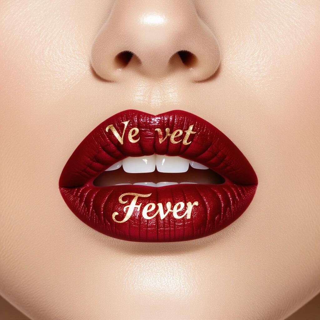 Cinematic zoom on velvety female lips. Tattooed text on upper lip says velvet fever. Focus on lips with a soft background.