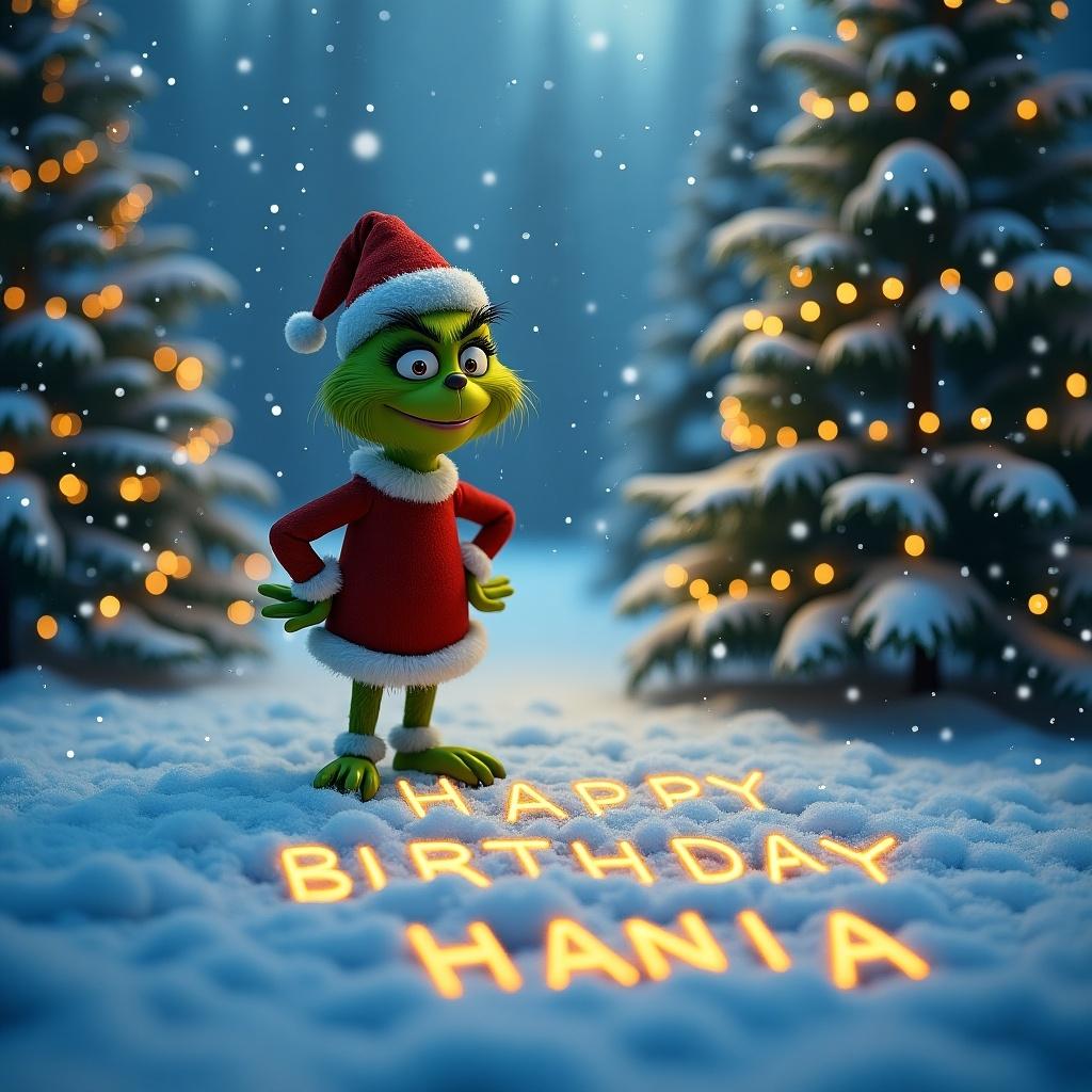 The Grinch is in a snowy scene surrounded by Christmas trees. The Grinch wears a Santa hat. The text 'HAPPY BIRTHDAY HANIA' is written in the snow. Snowflakes are softly falling in the background.